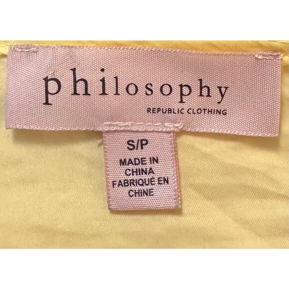 2/$15 Philosophy Satin Smocked Blouse Yellow V-Neck Short Sleeve Size S - Picture 9 of 11